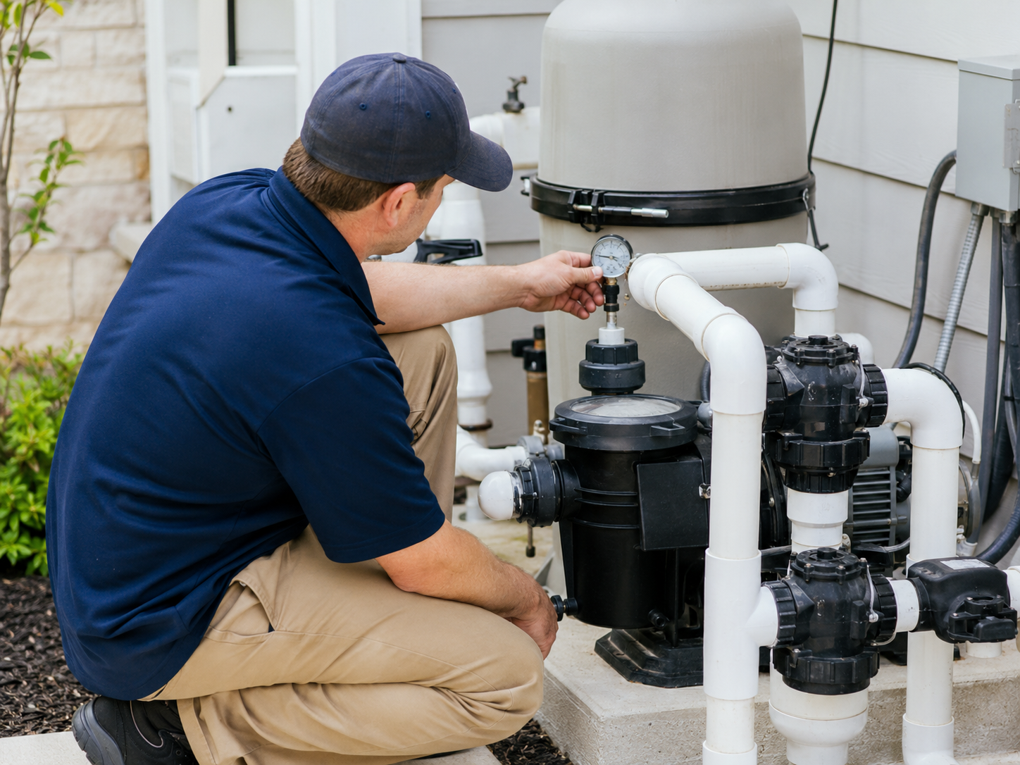 Residential pool pump and filtration equipment being inspected