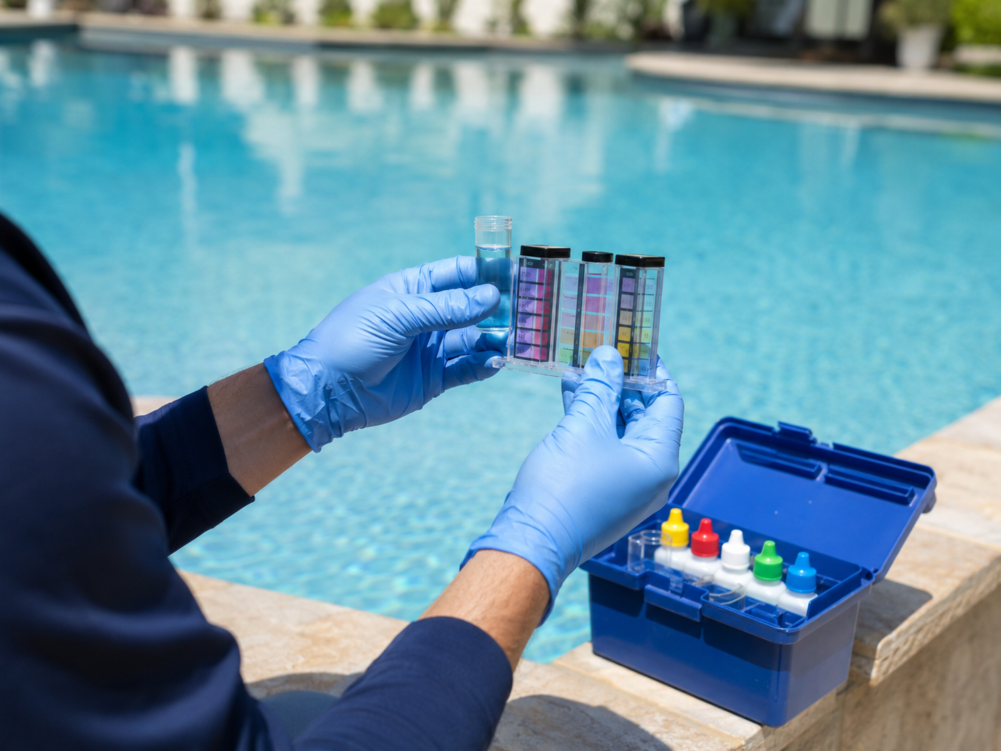Water testing equipment beside a clean blue swimming pool